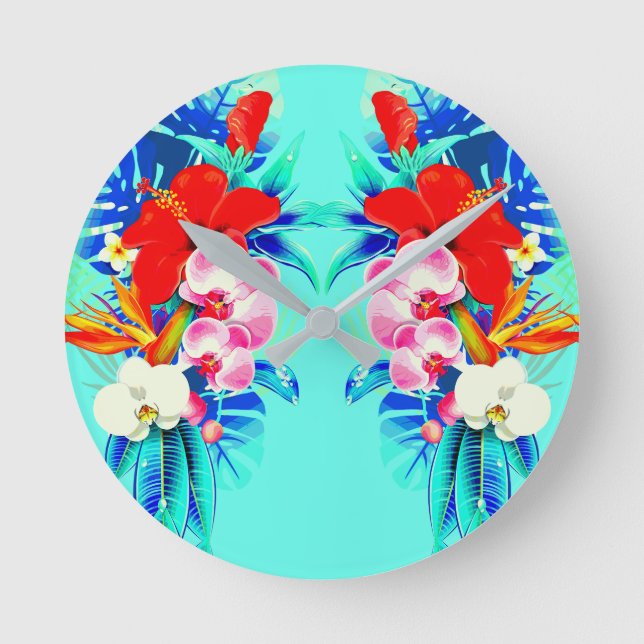 Horloge Ronde Orchidée tropicale et palmier feuille floral hawaï (Recto)