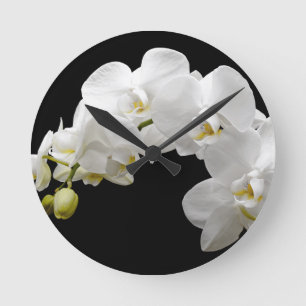 Horloge Ronde Orchidées Blanches Sur Noir