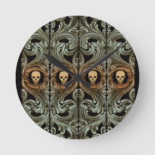 Horloge Ronde Ornement Vert Goth Sage Avec Crâne