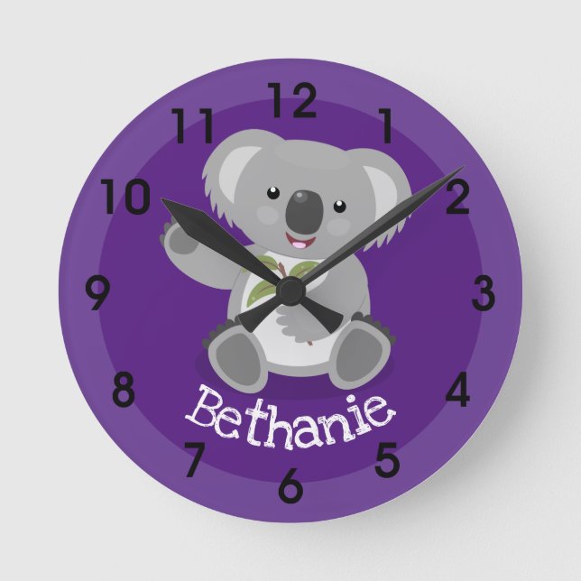 Horloge Ronde Ours de koala mignon avec dessin animé feuille (Recto)