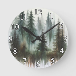 Horloge Ronde Ours et arbres à l'aquarelle, rusticité sauvage