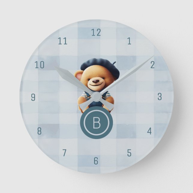 Horloge Ronde Ours Monogramme bleu En vichy mûr (Recto)