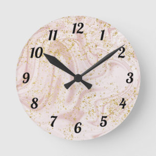 Horloge Ronde Paillettes Pink and White Marble