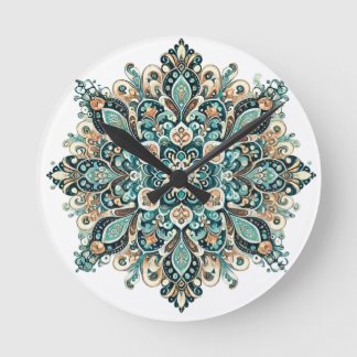Horloge Ronde Paisley Mandala Turquoise avec Accents Or 1