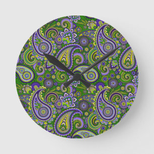 Horloge Ronde Paisley verte et violette