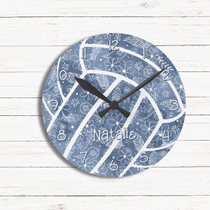 Horloge Ronde paisleys plumes fleurs denim bleu volleyball