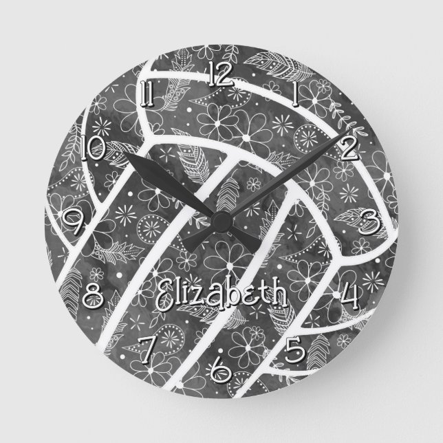 Horloge Ronde paisleys plumes fleurs noir gris volley (Recto)
