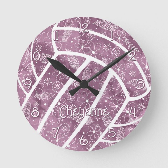 Horloge Ronde paisleys plumes fleurs prune volley (Recto)