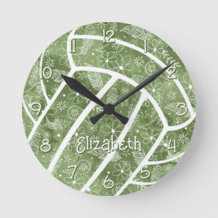 Horloge Ronde paislies plumes fleurs sauge volleyball vert