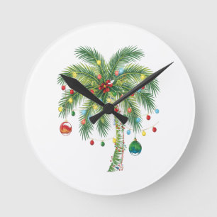 Horloge Ronde Palmier de Noël tropical avec lumières et ornam