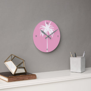 Horloge Ronde Palmier rose Tropical Élégant Moderne