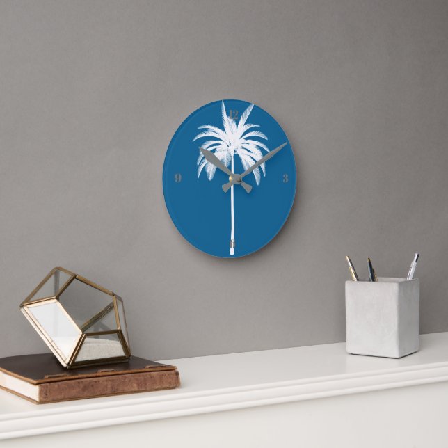 Horloge Ronde Palmier tropical Bleu Élégant Moderne (Bureau)