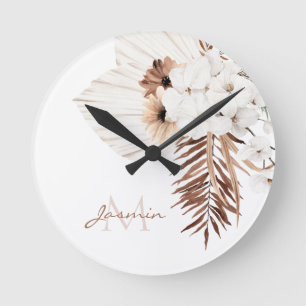 Horloge Ronde Pampas Brown Rustique Grass Orchidées Blanches Mon