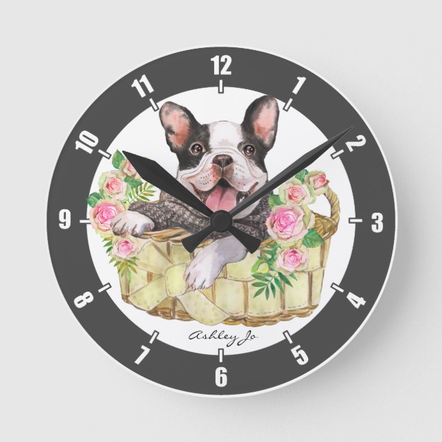 Horloge Ronde Panier floral de Bulldog français personnalisé (Recto)