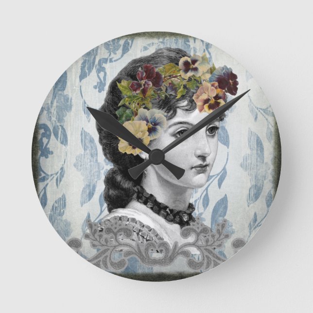 Horloge Ronde Pansies d'une femme victorienne sur une tapisserie (Recto)