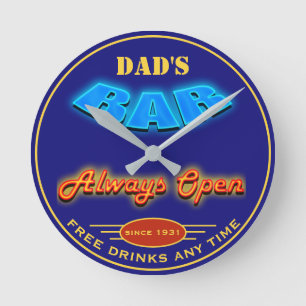 Horloge Ronde Papa's Bar Rouge Bleu Néon Look Any Date Any Name 
