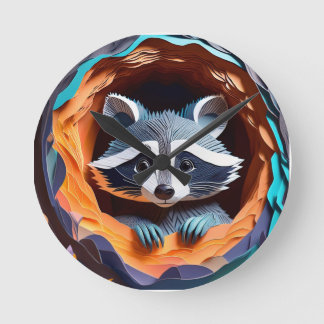 Horloge Ronde Papier Art Baby Raccoon dans l'arbre 3D