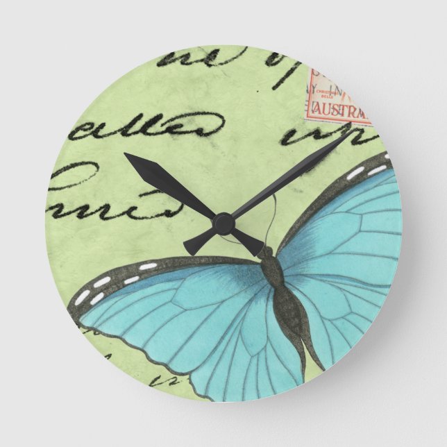 Horloge Ronde Papillon Bleu-À ailes sur la carte postale (Recto)