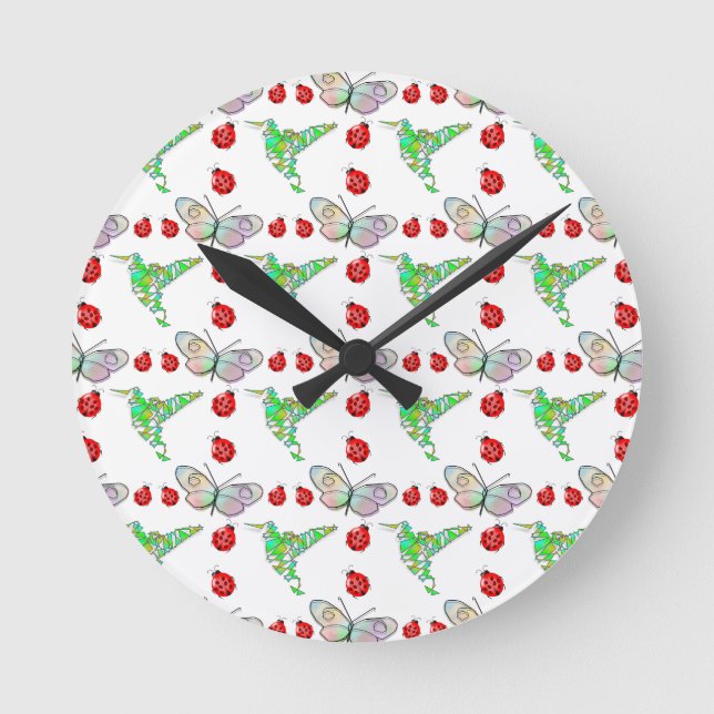 Horloge Ronde Papillon, colibri et Motif de coccinelle (Recto)