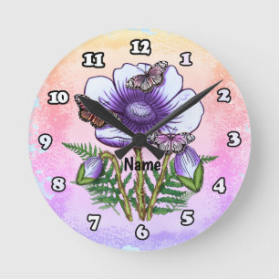 Horloge Ronde Papillon Coquelicot Violet