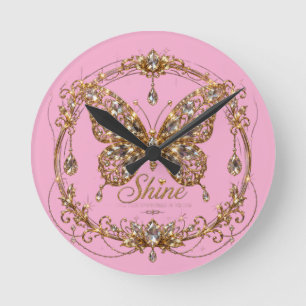 Horloge Ronde Papillon de cristal doré Brille Luxe Art de joaill