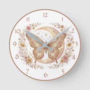 Horloge Ronde Papillon Doré Céleste Fleur Moon Vintage