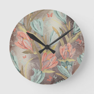 Horloge Ronde Papillon en ivoire bleu floral Brown de Coffe de