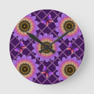 Horloge Ronde Papillon et motif de grille de fleurs Cottagecore