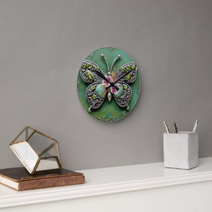 Horloge Ronde Papillon sculpté vintage et éclaboussure florale r