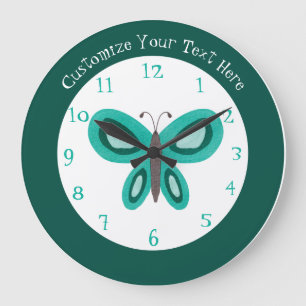 Horloge Ronde Papillon Turquoise vert mignon Personnalisé Grande