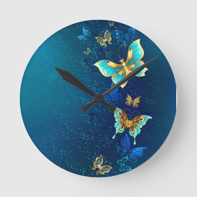 Horloge Ronde Papillons d'or sur un Arrière - plan bleu (Recto)