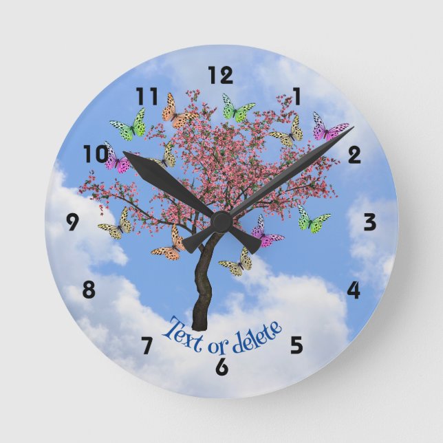 Horloge Ronde Papillons Et Arbre À Fleurs Personnalisés (Recto)