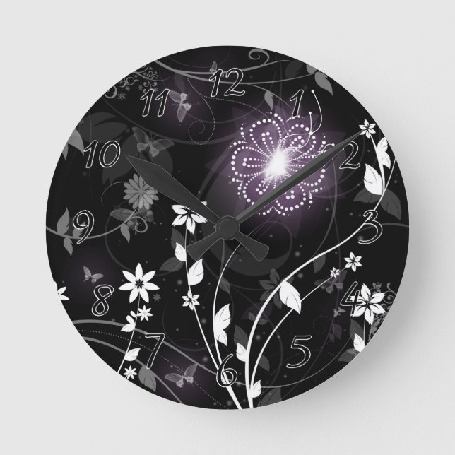 Horloge Ronde Papillons et fleurs violets illuminés design (Recto)