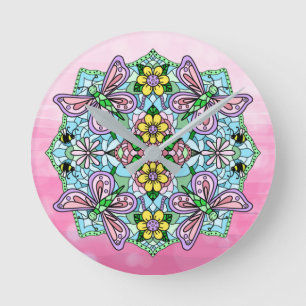 Horloge Ronde Papillons et fleurs violets, roses Mandala