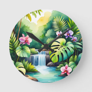 Horloge Ronde Paradis tropical de la cascade de la jungle aux or