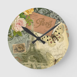 Horloge Ronde Paris France Art Antique Collage Eiffel Français