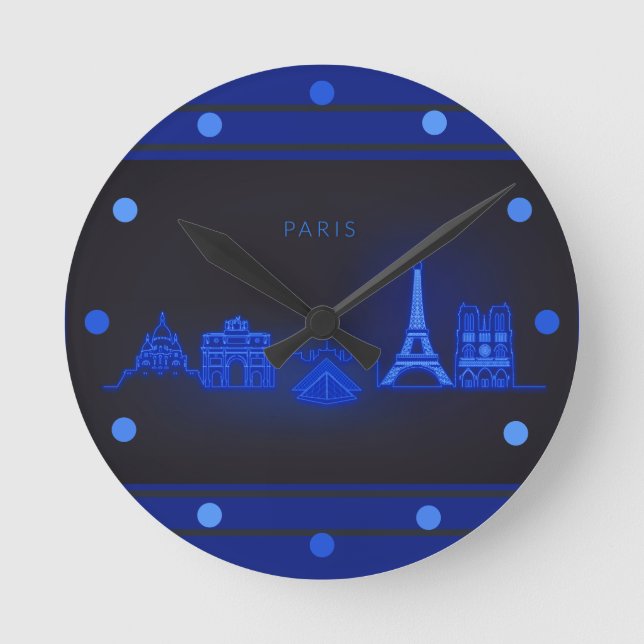 Horloge Ronde Paris Skline Neon Bleu Look Cityscape Wall (Recto)