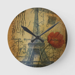 Horloge Ronde Paris Tour Eiffel shabby chic coquelicot