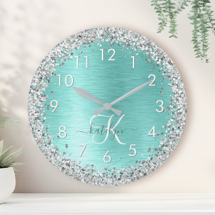 Horloge Ronde Parties scintillant argentée turquoise en métal br