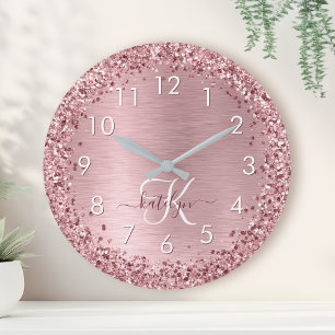 Horloge Ronde Parties scintillant en métal brossé rose pâle Nom 