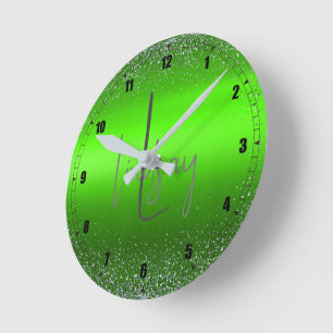 Horloge Ronde Parties scintillant en métal brossé vert Monogramm