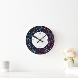 Horloge Ronde Parties scintillant en mosaïque bleue rose brillan