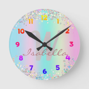 Horloge Ronde Parties scintillant holographique Unicorn