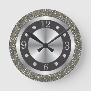 Horloge Ronde Parties scintillant Noire Et Argent  