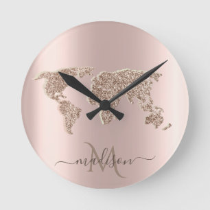 Horloge Ronde Parties scintillant World Map Voyage Rose Gold Mon