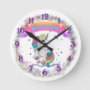 Horloge Ronde Parties scintillantes de licorne et d'arc-en-ciel
