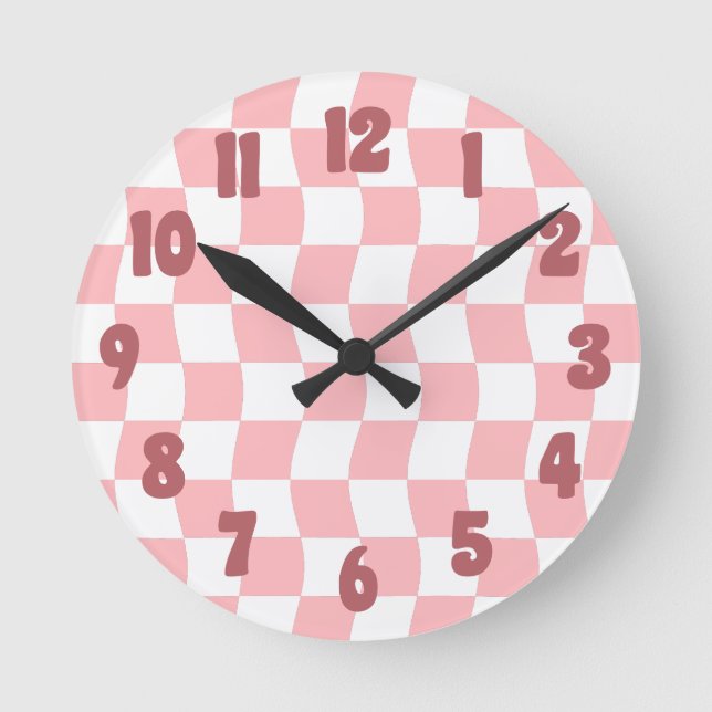 Horloge Ronde Pastel Rose blanc rétro Motif de chèques Vagues (Recto)
