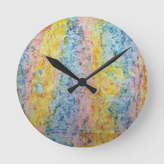 Horloge Ronde Pastel Rose Bleu Jaune Texturé Moderne Abstrait