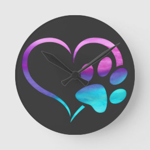 Horloge Ronde Patte de chien cœur impression cyan violet 