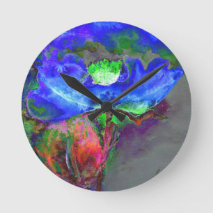 Horloge Ronde pavot bleu floral Abstrait